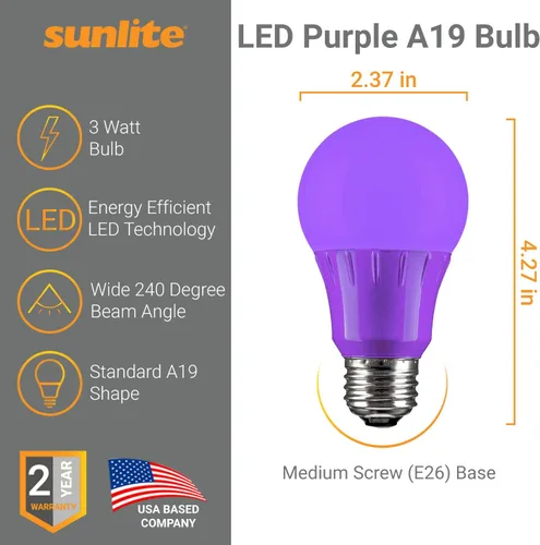 Miniatura 3 de Sunlite 41527 Bombilla LED A19 de color, 3 vatios (equivalente a 25 W), base mediana E26, no regulable, certificación UL, decoración de fiesta