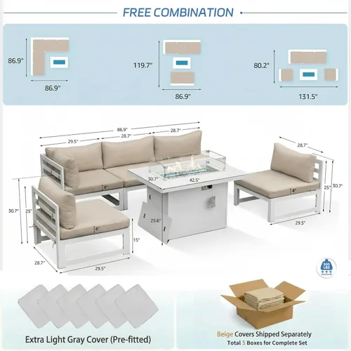 Miniatura 4 de NICESOUL® Juego de 6 piezas de muebles modernos de aluminio extra grandes para patio con mesa para fogata de propano/gas natural, sofás