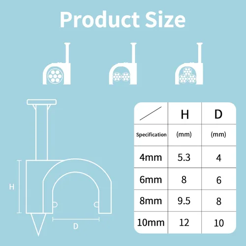 Miniatura 2 de Abnii Clips para Cables, 400 Piezas, 4mm 6mm 8mm 10mm, Clips de Pared para Alambre con Clavos de Acero, Clips Organizadores de Gestión de Cables