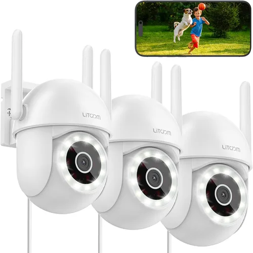 litokam Cámara de seguridad de 4MP para exteriores, paquete de 3, cámara inalámbrica de 2.5K para seguridad del hogar exterior con visión nocturna a