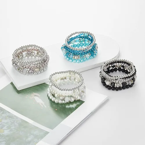 Miniatura 7 de Noessla Pulsera elástica de perlas con cuentas de plata, apilables, pulseras de cuentas de cristal, joyería de moda, regalo para el día de la madre