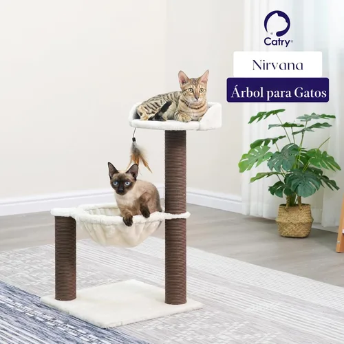 Miniatura 9 de Catry Nirvana Árbol para gatitos de 3 niveles con perca de felpa, hamaca suave y postes rascadores de cuerda de papel, muebles minimalistas