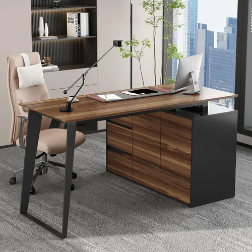 Miniatura 8 de Escritorio de oficina reversible con 3 cajones y 2 estantes, escritorio para computadora en forma de L y mesa de estudio con almacenamiento oculto