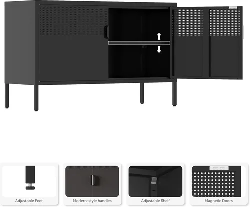 Miniatura 4 de Gabinete de almacenamiento de metal, soporte de TV de 2 puertas, gabinete de acento de malla metálica, cierre de puerta magnético, gabinetes de Negro