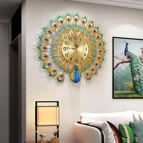 Miniatura 6 de Reloj de pared grande de estilo lujoso, estilo pavo real, de 23.7 pulgadas, sin tictac, silencioso, de cristal acrílico, decoración moderna y Azul
