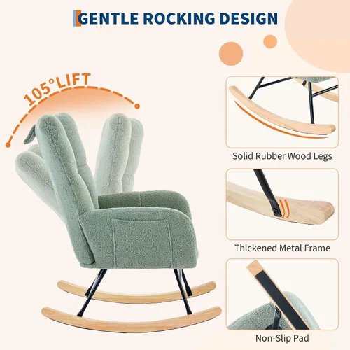 Miniatura 4 de Mecedora deslizadora tapizada con patas de madera para sala de estar, dormitorio, cuarto de bebé, incluye bolsillos laterales