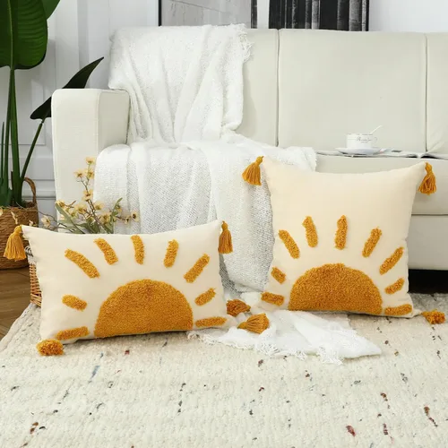 Miniatura 5 de Juego de 2 fundas de almohada bohemias de 18 x 18 pulgadas, fundas de almohada decorativas de sol con borlas, fundas de almohada modernas marroquíes