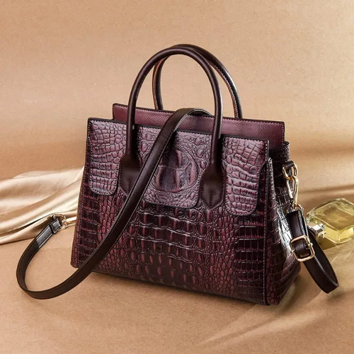 Miniatura 4 de Bolso de mano con asa superior para mujer, bolso de hombro con estampado de cocodrilo en relieve de cuero fuax, púrpura-rojo, grande