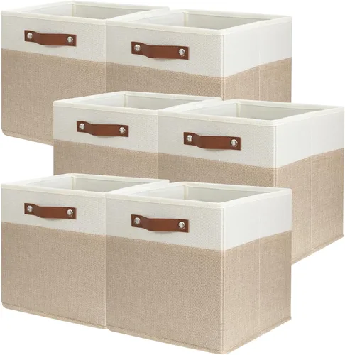 Miniatura 8 de SNWDN Paquete de 6 cestas de almacenamiento de tela para organizar contenedores plegables de tela con asas para organización del hogar y la oficina