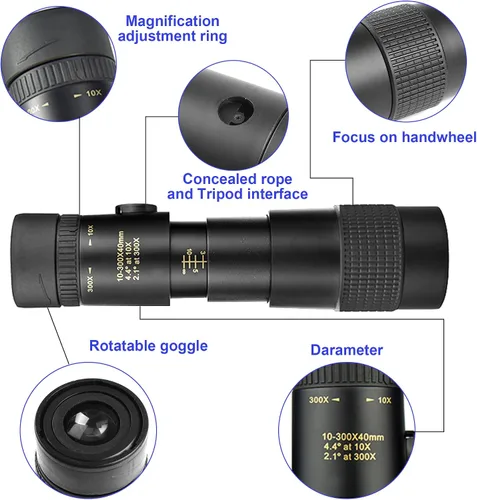 Miniatura 5 de Telescopio militar 10-300x40 – Monoculares para adultos de alta potencia, telescopio monocular compacto para caza, observación de estrellas