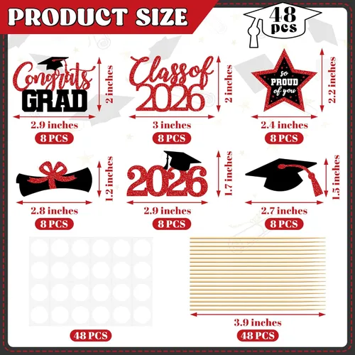 Miniatura 2 de 48 adornos para cupcakes de graduación, 6 estilos con purpurina, decoraciones de graduación en negro y rojo 2026, tapas y palillos para pasteles