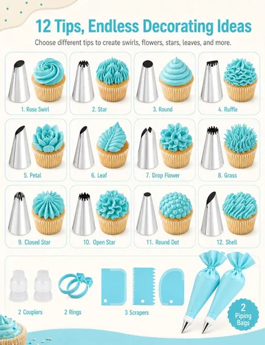 Miniatura 3 de Juego de bolsas y puntas de tubería, suministros de decoración de pasteles reutilizables con 2 bolsas reutilizables, 12 puntas de glaseado, 2