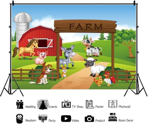 Miniatura 2 de Fondo de fotografía de granja de dibujos animados de 5 x 3 pies, diseño de animales divertidos, temática de fiesta de granja, fondo de cumpleaños