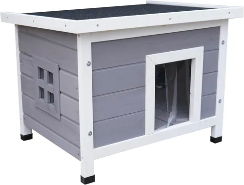 Casa de madera maciza para gatos y perros, cabaña para mascotas al aire libre para conejos, gatitos y perros pequeños, cortina resistente al viento,