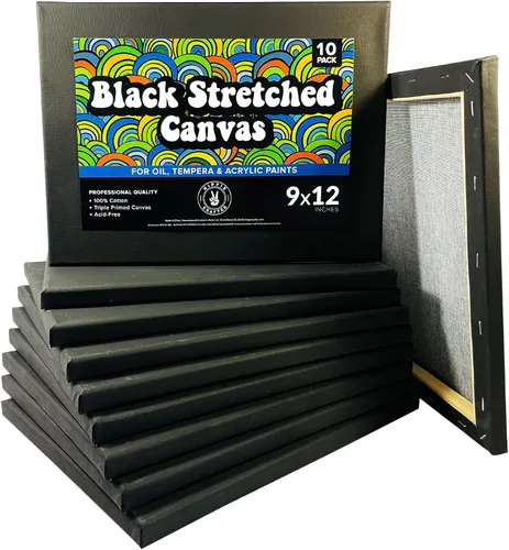Lienzo negro estirado para pintura, paquete de 10 lienzos en blanco de 9 x 12 pulgadas, imprimado con gesso, ideal para óleo, acrílico y arte de