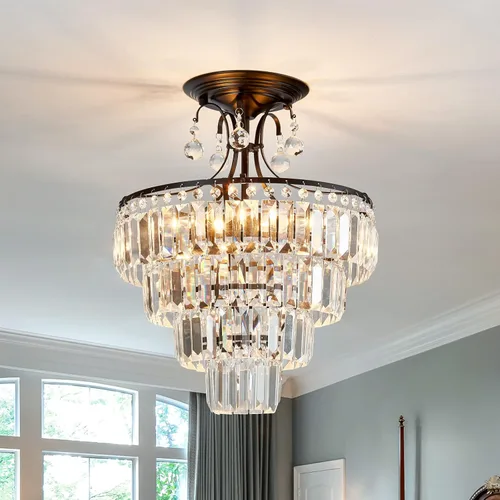 Miniatura 10 de CVKASH Lámpara de araña de cristal dorado de 5 luces, accesorio moderno de montaje semi empotrado en techo con iluminación de techo E12