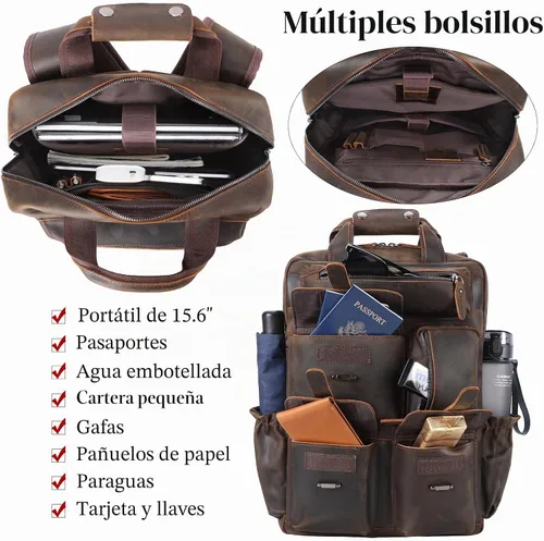 Miniatura 5 de Mochila de cuero genuino para hombre, estilo vintage, de 15.6 pulgadas, bolsa para computadora portátil, varios bolsillos, mochila casual de viaje