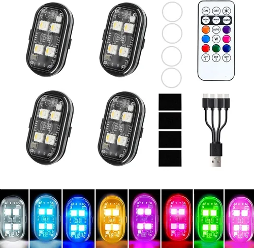 4 piezas de luces estroboscópicas LED inalámbricas para automóvil, luz intermitente recargable USB tipo C, luces estroboscópicas con control remoto