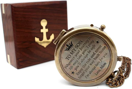 Brass Compass with Wooden Case | Engraved Compass from Mom to Son | Graduation Gift, Birthday, Inspirational Travel Keepsake
