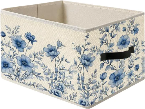Caja de Almacenamiento Floral Rústica Azul y Blanca con Asas, Canasta Organizadora Plegable Botánica de Flores Grandmillennial Caja de Juguetes para
