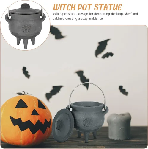 Miniatura 9 de DOITOOL Caldero de hierro fundido con tapa y asa, caldero de bruja de Halloween, olla de bruja negra para manchar, quemar incienso, decoración