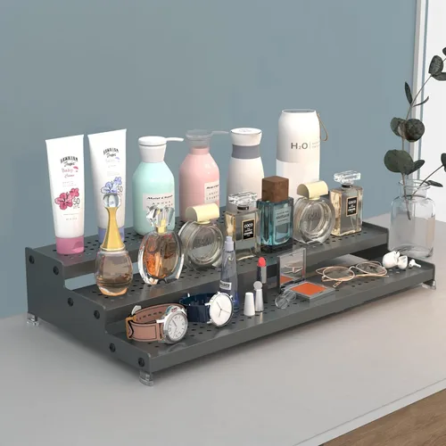 Miniatura 5 de Organizador de especias expandible con estante de 3 niveles, diseño moderno resistente, antideslizante y visibilidad, ideal para gabinetes de Gris