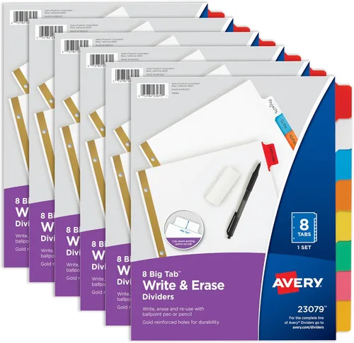 Avery Big Tab Write & Erase - Separadores de 8 pestañas para carpetas de 3 anillas, pestañas divisorias multicolores, ideal para organizar