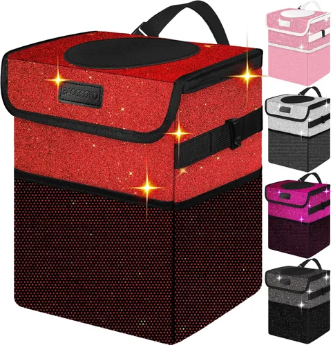 Miniatura 12 de Bonita mini bolsa de basura para automóvil con tapa, cubo de basura con purpurina para colgar para asiento trasero, asiento delantero/consola