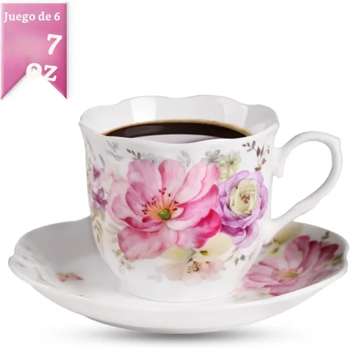 Miniatura 3 de GuangYang Juego de 6 tazas de té y platillos de porcelana de 7 onzas, diseño floral rosa, elegante juego de regalo para amantes del té, café
