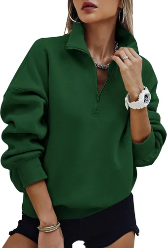 Miniatura 12 de PRETTYGARDEN Sudaderas de gran tamaño con media cremallera para mujer, sudaderas con capucha de forro polar 2025 de manga larga a la moda, tops