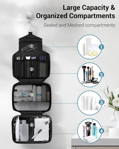 Miniatura 2 de Neceser de aseo para hombres y mujeres, bolsas de aseo grandes para viajar, bolsa de higiene compacta colgante con 4 compartimentos, bolsa de ducha