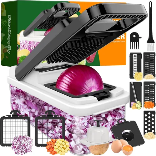 StoreHappily Picador de Verduras 12 en 1, Picador de Verduras de 7 Cuchillas con Recipiente y Tapa, Cortador en Cubitos, Rebanador, Utensilios de