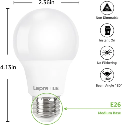 Miniatura 4 de Lepro Bombillas LED equivalentes a 60 W, 9 W, 800 lúmenes no regulables, luz blanca diurna 5000 K, base media estándar A19 E26, 10000 horas de vida