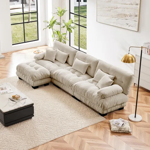 Miniatura 81 de Sofá modular de gran tamaño de 94 pulgadas, sofás seccionales grandes de color beige y blanco para sala de estar, juego de sofá de terciopelo, sofás