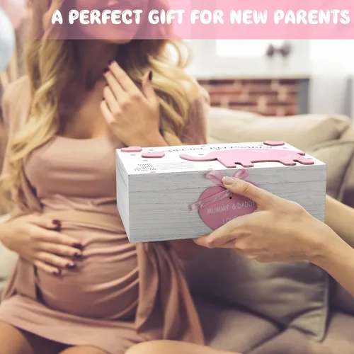 Miniatura 6 de Soaoo Caja de recuerdos de madera 3D para bebés, caja de recuerdos de elefante para niñas y niños, regalo para nuevos padres, recién nacidos, Rosa