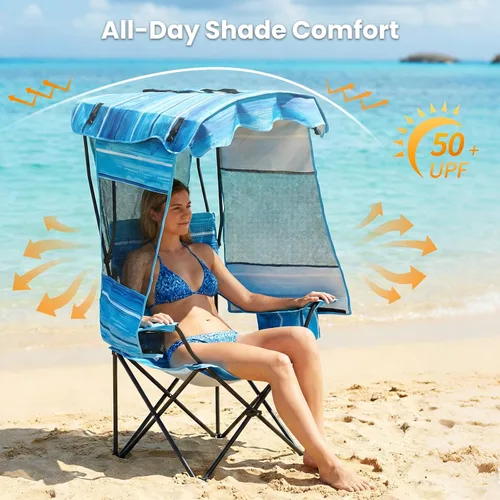 Miniatura 3 de ABORON Silla de camping con toldo, silla de playa plegable con sombra, silla portátil para exteriores con portavasos y bolsa refrigeradora
