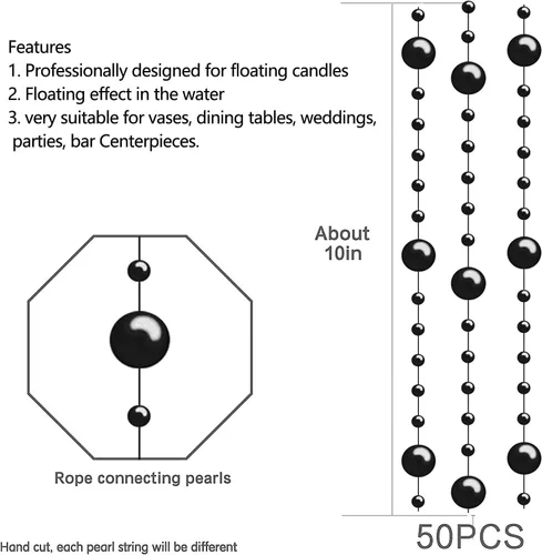 Miniatura 6 de 50 piezas de cadena de perlas para centro de mesa de velas flotantes, relleno de jarrón de perlas sintéticas negras para decoración de mesa de boda.