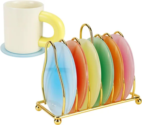 Posavasos acrílico, 6 posavasos redondos coloridos con soporte de metal, resistentes al calor, antideslizantes, para mesa, bar, escritorio,