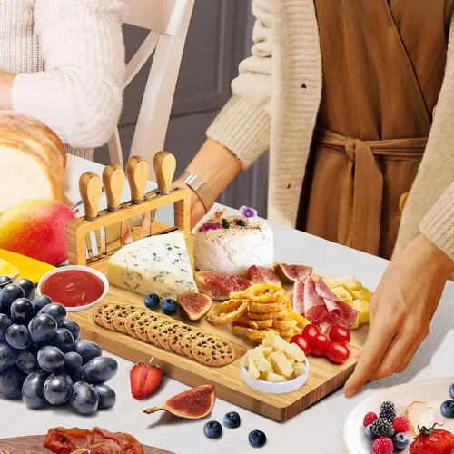 Miniatura 5 de Juego de tablas de queso de bambú, tablas de charcutería y plato de carne para servir, bandeja de queso con 4 cuchillos de queso de acero
