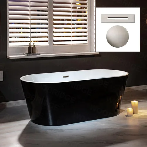 WOODBRIDGE Bañera de acrílico independiente de 67 pulgadas, bañera contemporánea, acrílico negro (drenaje de níquel cepillado/desbordamiento),