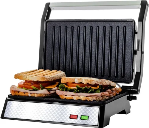 Miniatura 12 de OVENTE Sandwichera eléctrica Panini Press, parrilla interior de 1500 W con placas revestidas antiadherentes, control de temperatura y bandeja