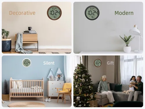 Miniatura 7 de Reloj de pared digital con fecha, temperatura interior, DST automático, reloj digital a batería, reloj de pared pequeño de madera decorativo de 8