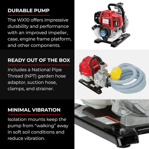 Miniatura 5 de Honda Power Equipment WX10 Bomba de agua de 52 PSI de 4 tiempos con adaptador de manguera, manguera de succión, abrazaderas y colador, motor