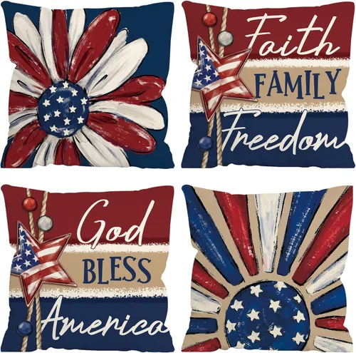 Miniatura 24 de FUTBU Juego de 2 fundas de almohada del 4 de julio de 16 x 16 pulgadas, decoración patriótica de estrellas americanas para decoración al aire libre
