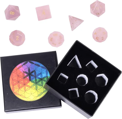 Miniatura 5 de Nupuyai Juego de dados poliédricos D&D de cristal de cuarzo rosa curativo con caja para Calabozos y Dragones, juego de 7 dados de mesa para RPG MTG
