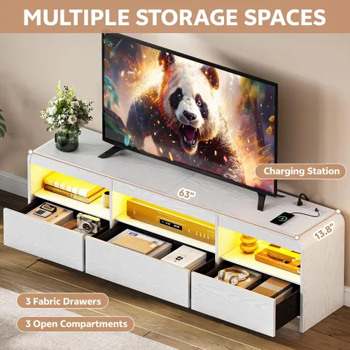 Miniatura 6 de Soporte de TV LED para televisores de 65, 70 pulgadas, centro de entretenimiento con cajones y almacenamiento abierto, consola de TV de madera