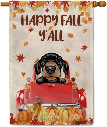 Miniatura 32 de Bandera con texto en inglés «Happy Fall Y'all» con diseño de perro inteligente con calabaza en camión rojo y hojas de arce, pancarta de otoño