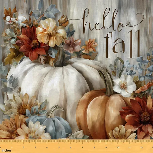 Miniatura 26 de The Yard - Tela con texto en inglés «Hello Fall», 36 pulgadas de largo x 59 pulgadas de ancho, hojas de árbol de calabaza otoñal, tela de tapicería