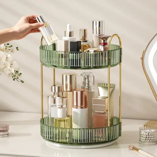 Miniatura 4 de Organizador de maquillaje giratorio de 360°, organizador de cuidado de la piel de gran capacidad, organizador de perfume para tocador de dos