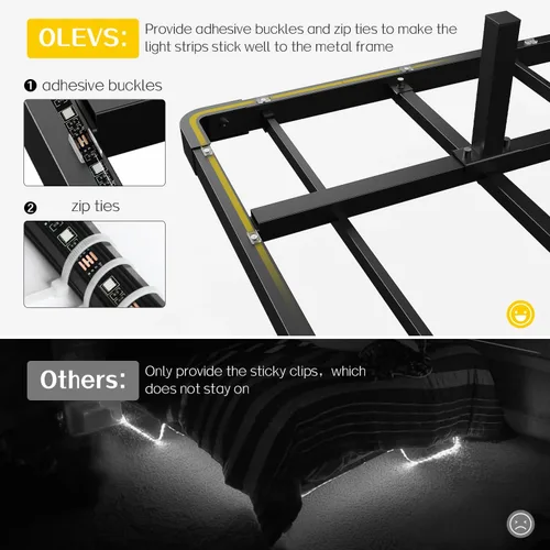 Miniatura 7 de OLEVS Base de cama flotante de tamaño matrimonial con luces LED inteligentes y estación de carga, cama moderna de plataforma de metal, fácil